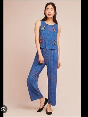 Sleeveless Navy Blue Beaded Beetle Jumpsuit